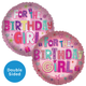 An 18 inch For the Birthday Girl Pink Foil Balloon, manufactured by Sensations.
