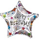 An 18 inch Silver Happy Birthday Holographic Stars Foil Balloon, manufactured by Anagram Europe.