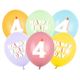 A pack of 6 12 inch Happy Birthday Age 4 Bright Pastel Latex Balloons, manufactured by PartyDeco.