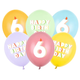 A pack of 6 12 inch Happy Birthday Age 6 Bright Pastel Latex Balloons, manufactured by PartyDeco.