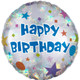 An 18 inch Silver Happy Birthday Holographic Round Foil Balloon, manufactured by Anagram Europe.
