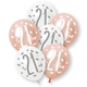 A retail pack of 6 12 inch Rose Gold Number 21 Assorted Latex Balloons, manufactured by Unique.