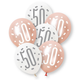 A retail pack of 6 12 inch Rose Gold Number 50 Assorted Latex Balloons, manufactured by Unique.