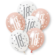 A retail pack of 6 12 inch Rose Gold Number 18 Assorted Latex Balloons, manufactured by Unique.