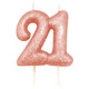 A 7cm Age Twenty One Rose Gold Glitter Candle.
