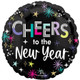 An 18 inch cheers to the New Year mid-century sparkle foil balloon, manufactured by Anagram.