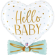A 29 inch Hello Baby Blue Bow Heart Foil Balloon, manufactured by Betallic.