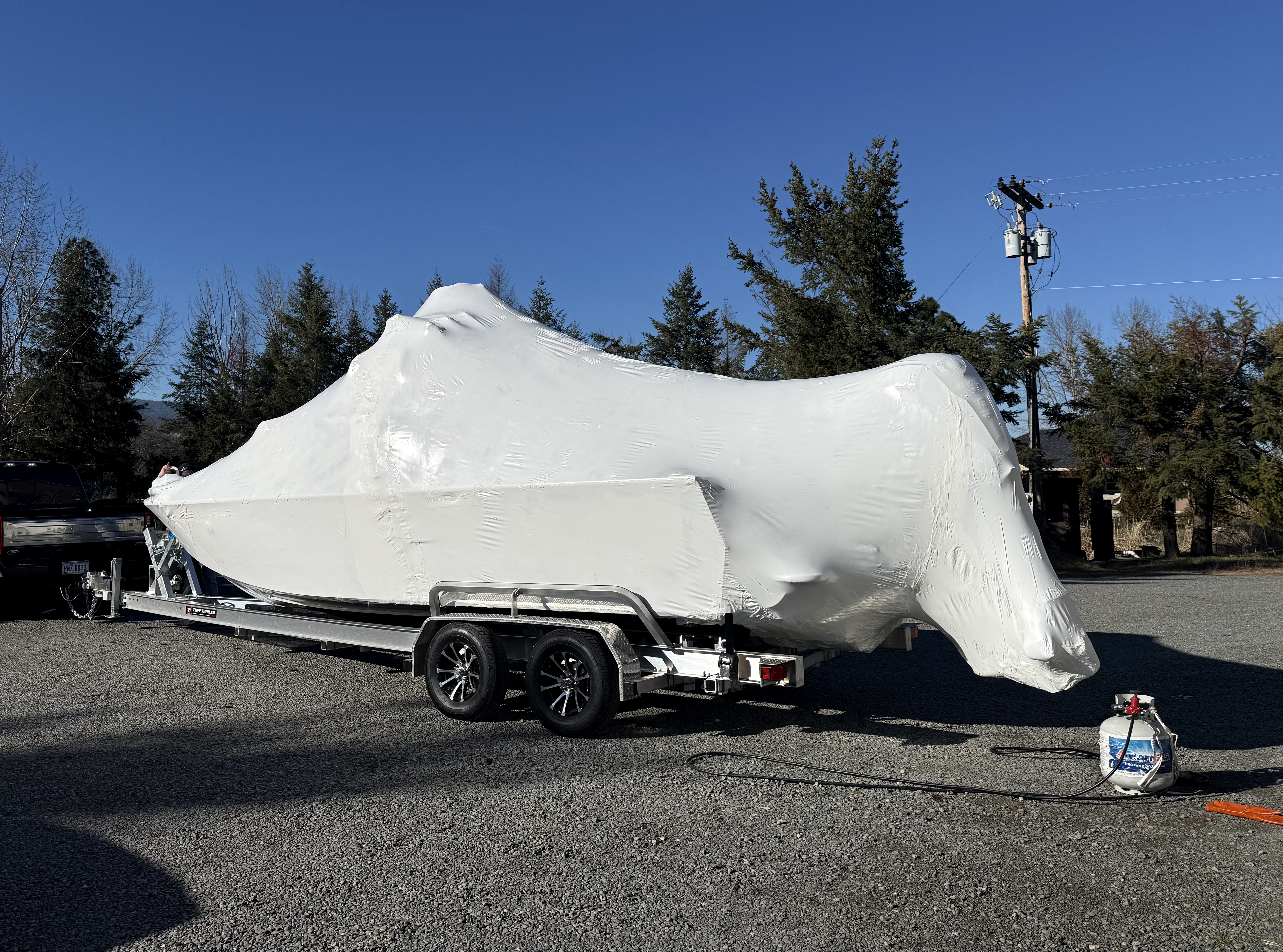 Boat shrink wrapped for storage