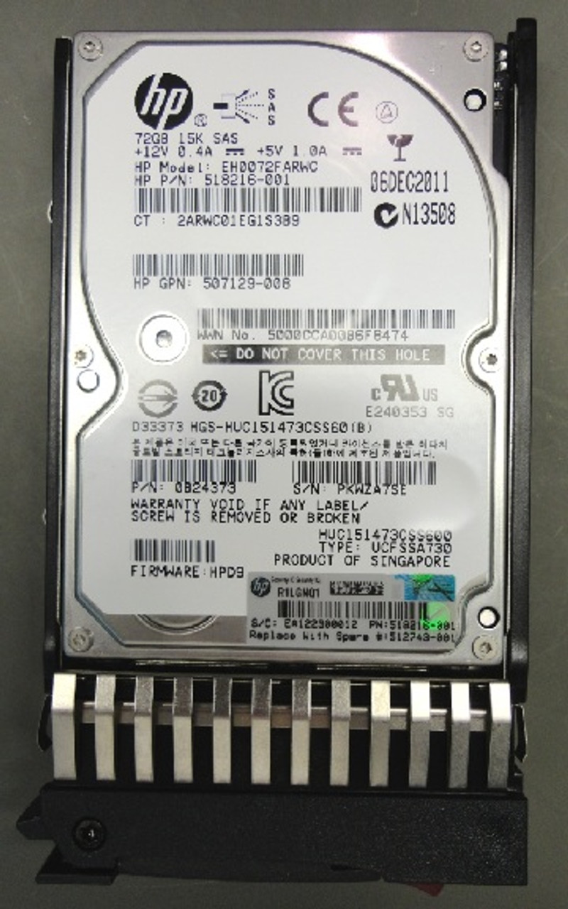 HP 72GB 6G SAS 15K 2.5IN DP ENT HDD - 512743-001-USED