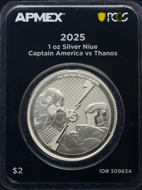 2025 1 oz Ag $2 Captain America vs Thanos (MD® Premier + PCGS FS)