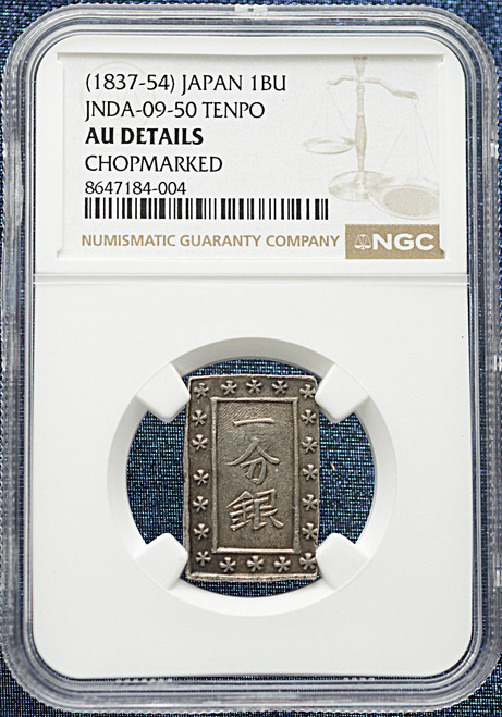 Japan — Tenpō (1837–1854) 1 Bu Silver (Ichibugin), JNDA 09-50, AU Details, Chopmarked.