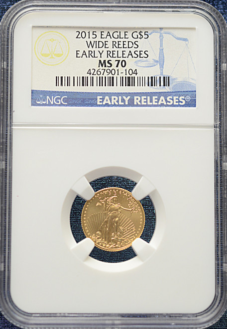 2015 $5 Gold American Eagle — Wide Reeds, NGC MS 70 Early Releases