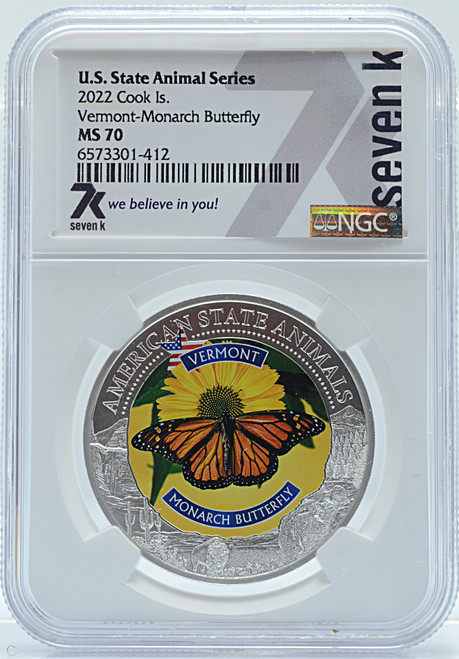 U.S State Animal Series 2022 Cook Is. Vermont- Monarch Butterfly MS 70 NGC