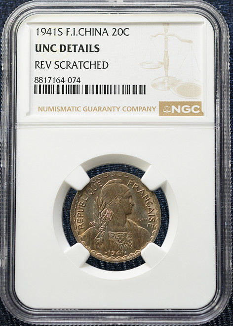 1941-S French Indochina 20 Centimes – UNC Details – Reverse Scratched