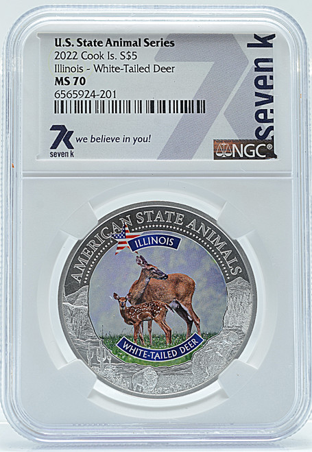 U.S State Animal Series 2022 Cook Is. S$5 Illinois - White-Tailed-Deer MS 70 NGC
