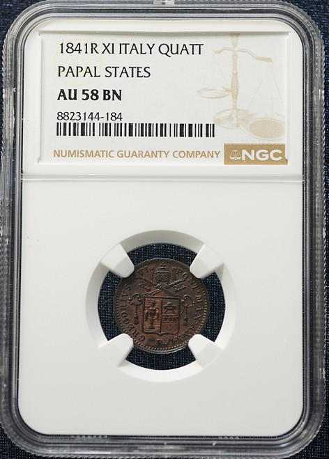 1841-R Papal States Quattrino – NGC AU 58 BN – Rare