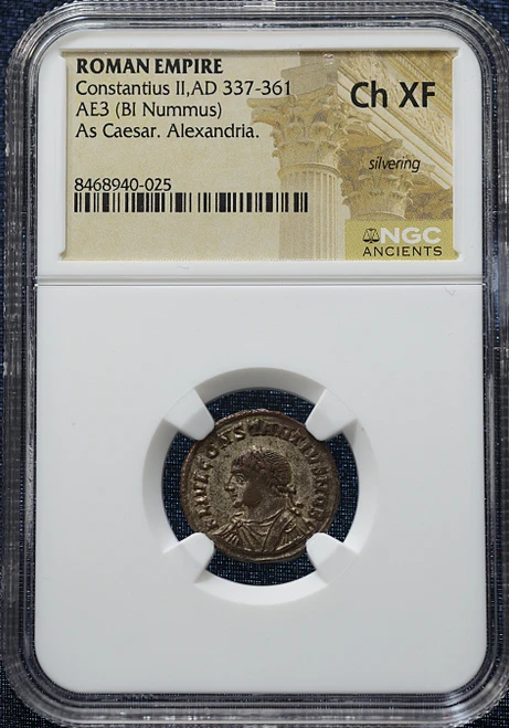 Constantius II, AD 337–361 – Roman Empire AE3 (BI Nummus) – Ch XF – Alexandria - Silvering