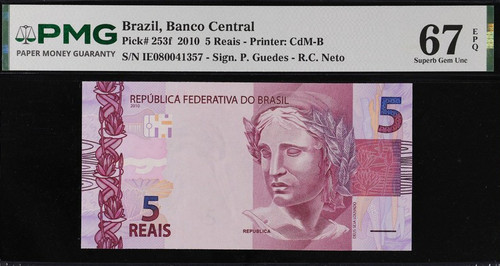 2010 Brazil Banco Central 5 Reais – Pick#253f – PMG 67 EPQ Superb Gem Uncirculated