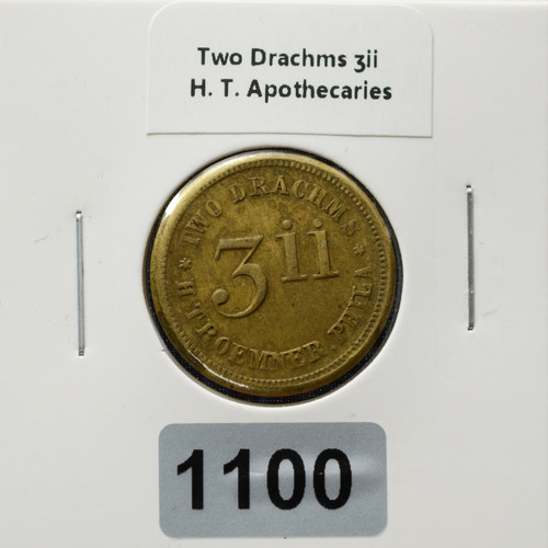Philadelphia, Pennsylvania – Two Drachms (ʒii) H. T. Apothecaries Weight Token – Historical Medical Trade Token