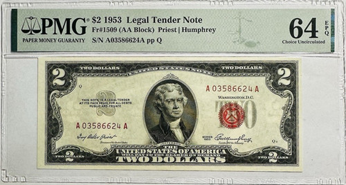 1953 $2 Legal Tender Note – Fr. 1509 Priest/Humphrey – PMG Choice Uncirculated 64