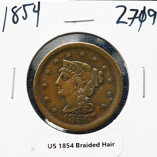 1854 Braided Hair Large Cent – U.S. Coin – XF