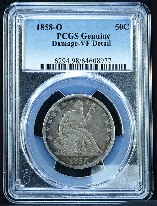 1858-O Seated Liberty Half Dollar – PCGS Genuine (Damage) – VF Details