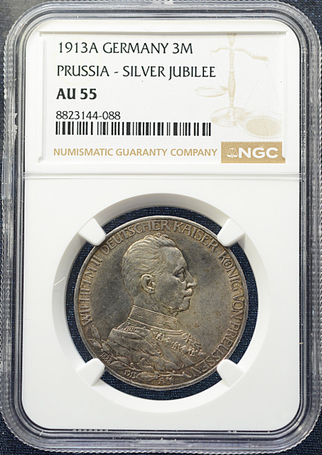 1913-A GERMANY — PRUSSIA SILVER JUBILEE 3 MARK — NGC AU 55 - Toning