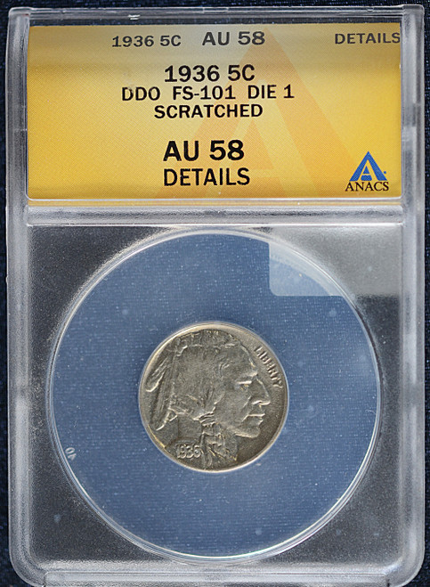 1936 U.S. Buffalo Nickel – 5¢ – Double Die Obverse FS-101, Die 1 – ANACS AU58 Details