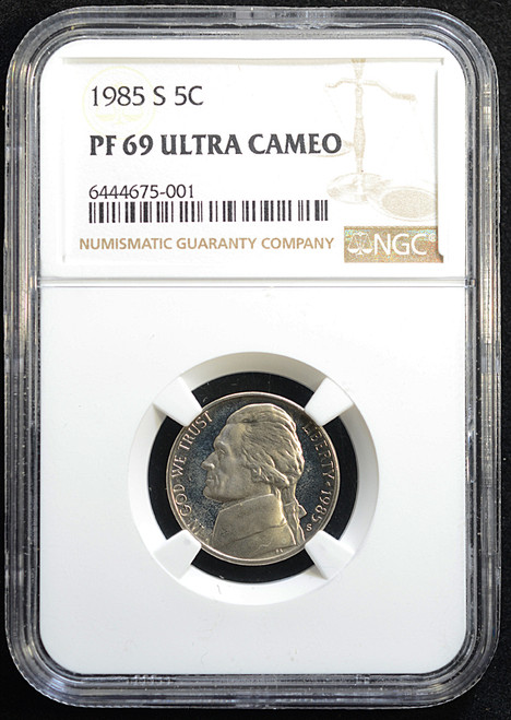 1985-S Jefferson Nickel United States • San Francisco Mint • 5 Cents • PCGS PR69 Ultra Cameo • Attractive Even Toning