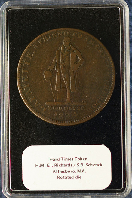 Hard Times Token – H.M. E.I. Richards / S.B. Schenck – Attleboro, Massachusetts – Rotated Die