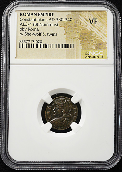Roman Empire – Constantinian Period (c. AD 330-340) – AE3/AE4 Nummus – Roma & She-Wolf with Twins