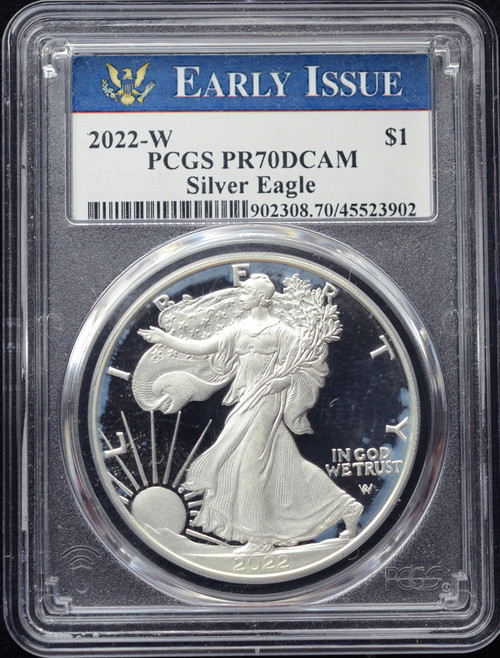 2022-W Proof Silver Eagle — PCGS PR70DCAM (Early Releases, Navy Blue Label) with Milk Spots