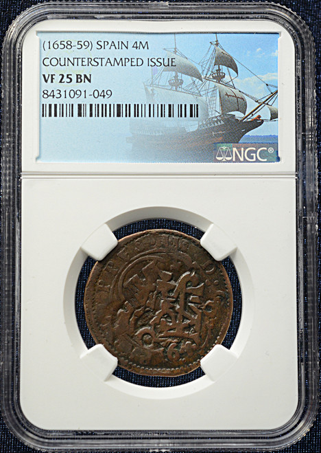 (1658–1659) Spain 4 Maravedis Counterstamped Issue NGC VF 25 BN