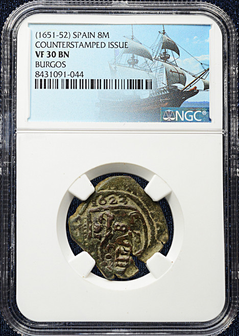 (1651–1652) Spain 8 Maravedis (Counterstamped Issue) | NGC VF 30 BN – Burgos Mint / Clear 1622 Host Date