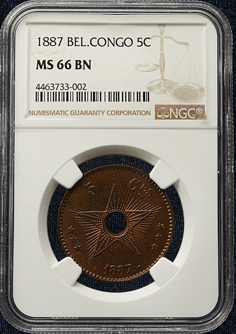 1887 Belgian Congo 5 Centimes - NGC MS 66 BN - Finest Known Top Pop Rarity