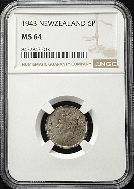 1943 New Zealand Sixpence (6P) Silver Coin - NGC MS 64