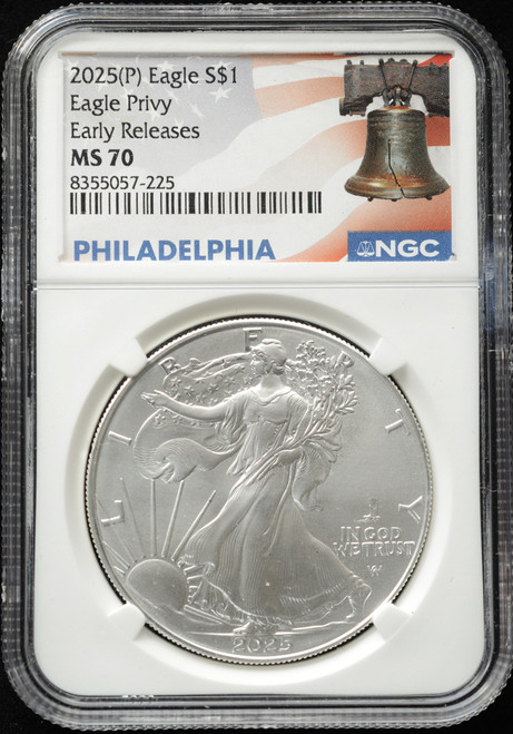 2025(P) American Silver Eagle $1 Eagle Privy Mark – NGC MS70 Early Releases (Philadelphia Liberty Bell Label, Top Pop