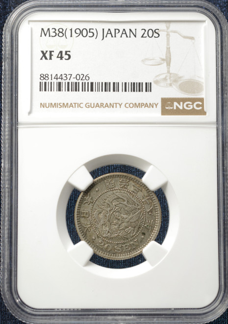 1905 (Meiji 38) Japan 20 Sen Silver Coin – NGC XF45