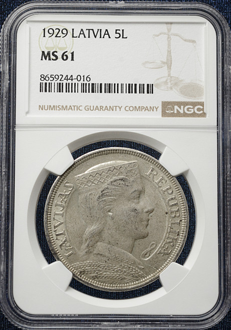 1929 Latvia 5 Lati Silver Coin – NGC MS61