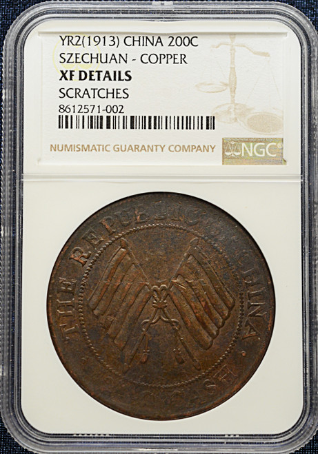 1913 China Szechuan Copper 200 Cash (200C) – NGC XF Details – Scratches