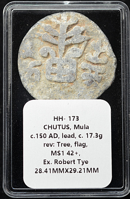 India – Chutus of Mula (c. AD 150) Lead Coin – Tree and Flag Type MS1 42+ – Ex. Robert Tye Collection