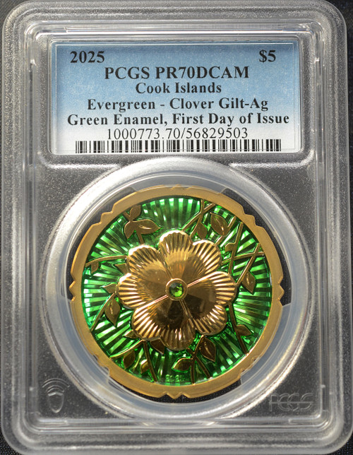 2025 Cook Islands $5 Evergreen – Clover Gilt Silver with Green Enamel – PCGS PR70DCAM First Day of Issue