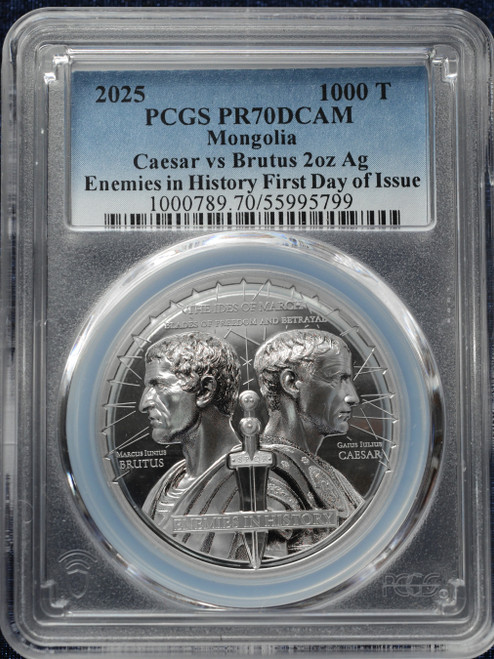 2025 Mongolia 1000 Tögrög "Caesar vs. Brutus" – 2 oz Silver – Enemies in History – PCGS PR70DCAM First Day of Issue