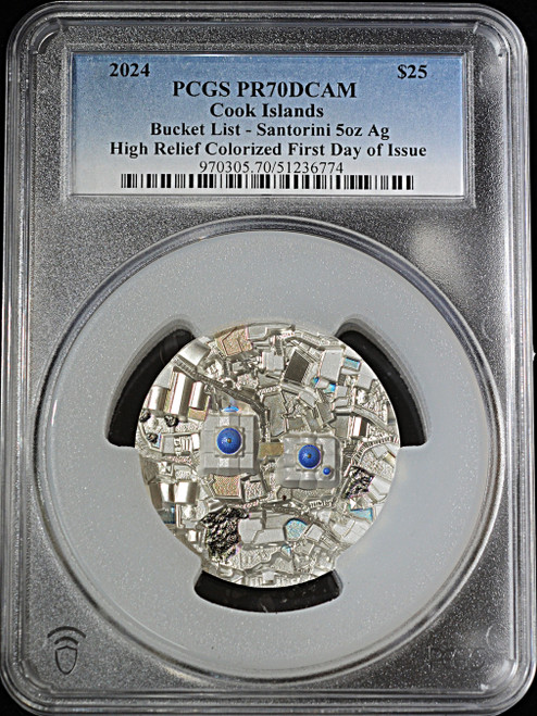 2024 Cook Islands $25 "Bucket List – Santorini" – 5 oz Silver High Relief Colorized – PCGS PR70DCAM First Day of Issue