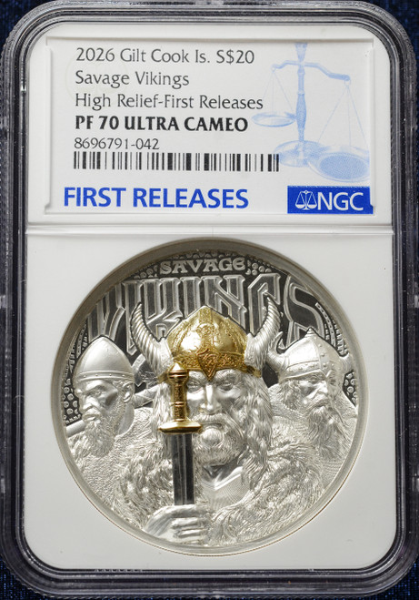 2026 Cook Islands Savage Vikings Gilt High Relief $20 Silver Coin – NGC PF70 Ultra Cameo First Releases – Top Pop