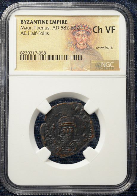 Byzantine Empire Maurice Tiberius AE Half Follis – AD 582–602 – Overstruck Ancient Bronze Coin
