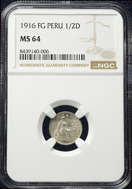 1916 FG Peru ½ Dinero Silver Coin – NGC MS64 – Republic of Peru