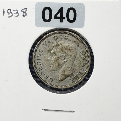 United Kingdom 1 Shilling – 1938 – George VI – English Crest – 50% Silver – F Condition