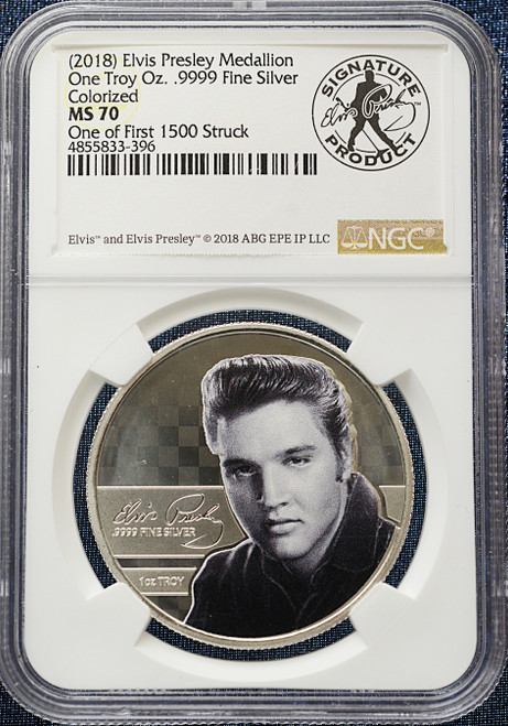 2018 Elvis Presley 1 Troy Oz .9999 Silver Colorized – NGC MS 70 – First 1500 Struck