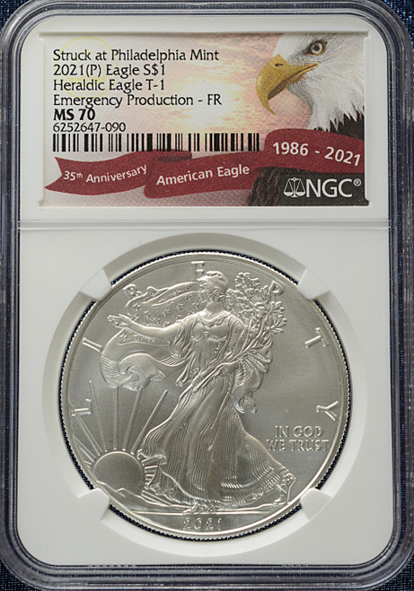 2021(P) American Silver Eagle Type 1 – Emergency Production – NGC MS 70 – FR – Top Pop